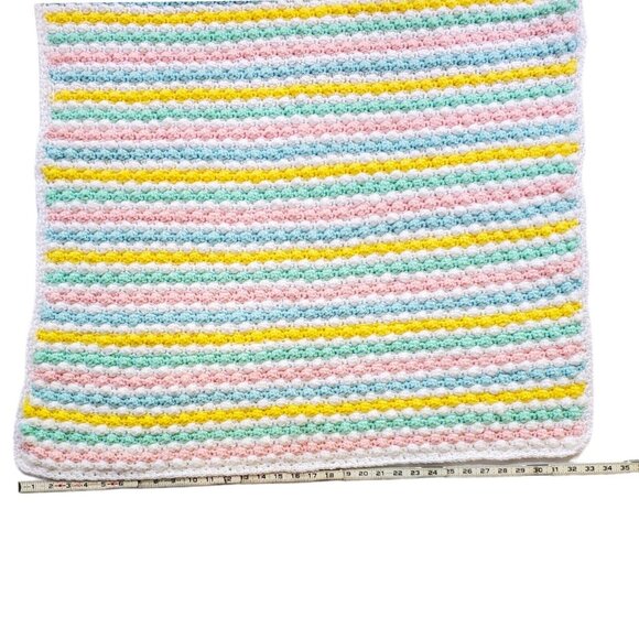 Handmade Crocheted Baby Afghan Pastel Striped Blanket 33" x 35" Swaddle Bassinet - Picture 3 of 5